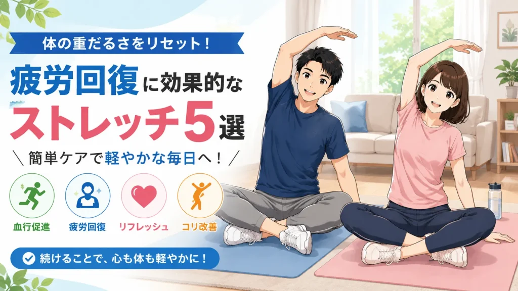 健太と美咲がリビングでストレッチを行い、疲労回復や血行促進、リフレッシュ効果をイメージできる健康ブログ用の16:9アイキャッチイラスト。