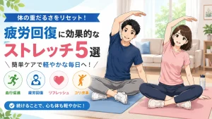 健太と美咲がリビングでストレッチを行い、疲労回復や血行促進、リフレッシュ効果をイメージできる健康ブログ用の16:9アイキャッチイラスト。