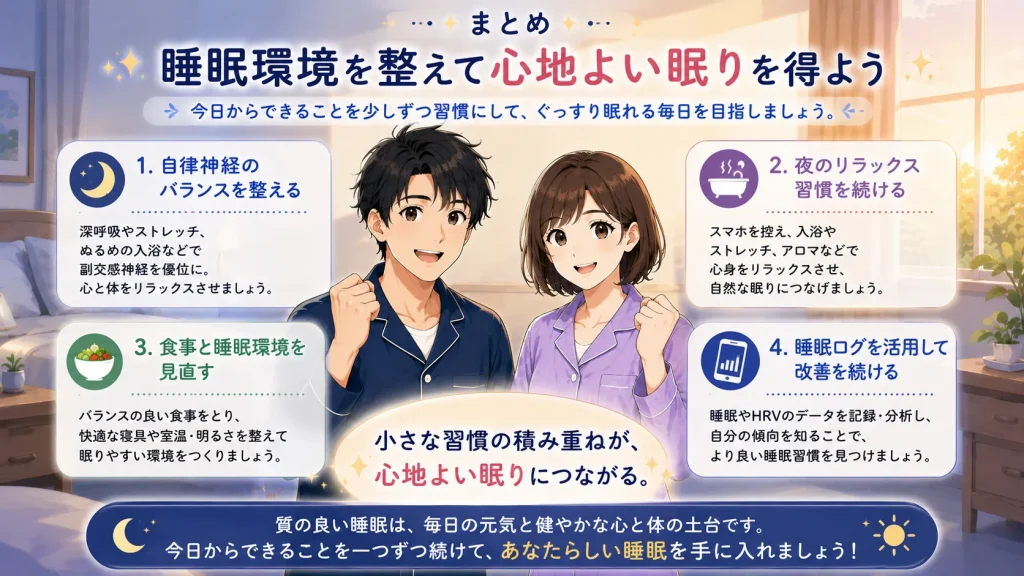 睡眠環境を整える4つのポイントを、健太と美咲が明るい表情で紹介し、良質な睡眠習慣の継続を呼びかけているまとめイラスト。