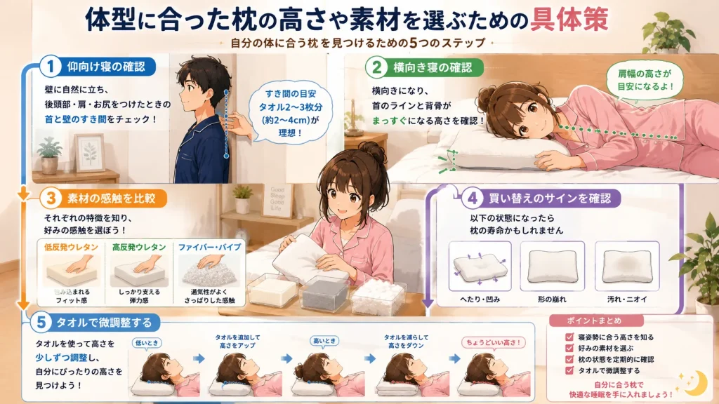 体型に合った枕の高さや素材を選ぶため、健太と美咲が寝姿勢の確認、素材比較、買い替えサイン、タオルでの微調整を紹介するイラスト