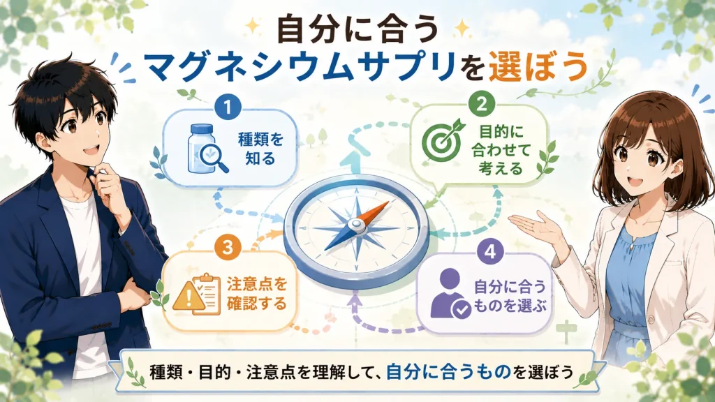 マグネシウムサプリメントについて、種類を知り、目的に合わせて考え、注意点を確認して自分に合うものを選ぶ流れを健太と美咲が紹介するまとめ画像