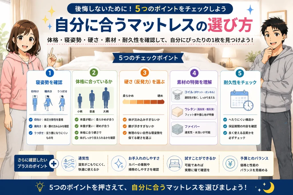 健太と美咲が寝姿勢・体格・硬さ・素材・耐久性の5つのポイントから自分に合うマットレスの選び方を解説している画像