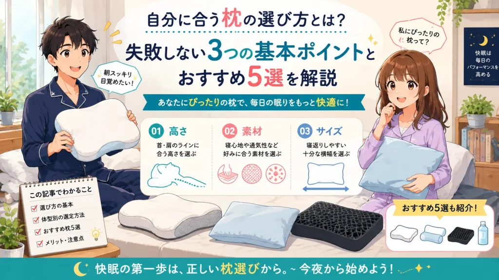 自分に合う枕の選び方について、高さ・素材・サイズの3つの基本ポイントを健太と美咲が紹介するイラスト