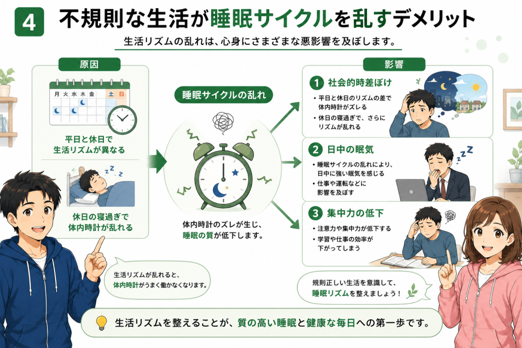 健太と美咲が、不規則な生活によって睡眠サイクルが乱れる仕組みと、社会的時差ぼけ・日中の眠気・集中力の低下といった影響を図解で説明しているイラスト。