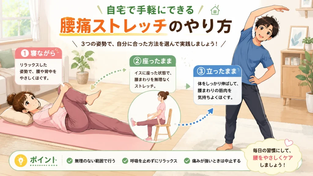 自宅で健太と美咲が寝ながら・座ったまま・立ったままで行う3種類の腰痛対策ストレッチを紹介するイラスト