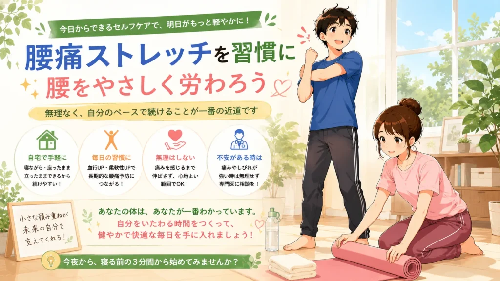 健太と美咲が自宅で腰痛ストレッチを無理なく習慣にし、腰をやさしく労わるセルフケアを続ける様子を描いたイラスト