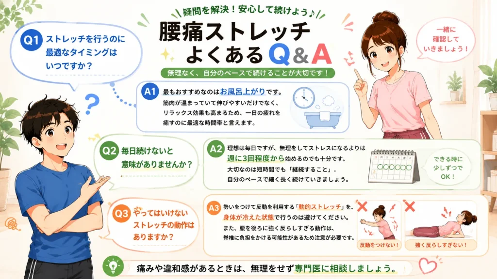 健太と美咲が、腰痛ストレッチを行うタイミング、継続頻度、避けたい動作についてQ&A形式で紹介するイラスト