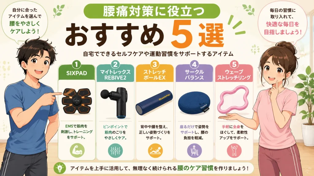 健太と美咲が腰痛対策に役立つSIXPAD、マイトレックス REBIVE2、ストレッチポールEX、サークルバランス、ウェーブストレッチリングの5種類を紹介するイラスト