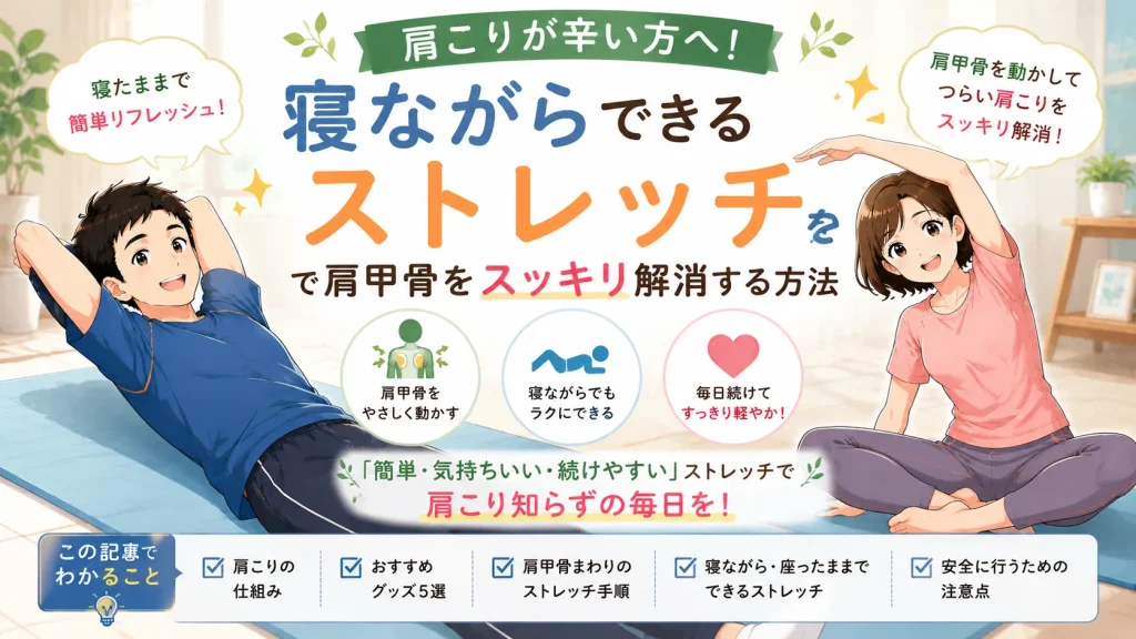 ストレッチウェアを着用したブランドキャラクターの健太と美咲が、ヨガマットの上で寝ながらできる肩甲骨ストレッチを実践し、肩こりセルフケアのポイントを紹介しているアイキャッチ画像。