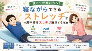 ストレッチウェアを着用したブランドキャラクターの健太と美咲が、ヨガマットの上で寝ながらできる肩甲骨ストレッチを実践し、肩こりセルフケアのポイントを紹介しているアイキャッチ画像。