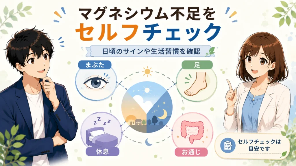 マグネシウム不足を考えるセルフチェックとして、まぶた、足、休息、お通じの4つの日頃のサインを健太と美咲が紹介する画像