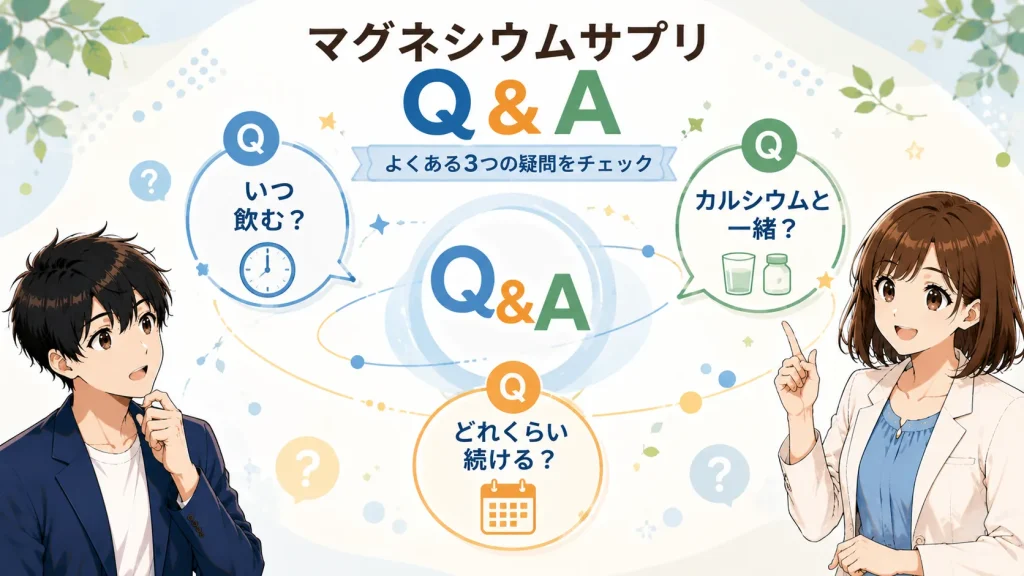 マグネシウムサプリメントについて、いつ飲むか、カルシウムと一緒に摂るか、どれくらい続けるかという3つの疑問を健太と美咲が紹介するQ&A画像