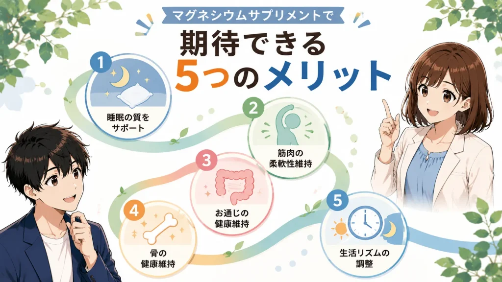 マグネシウムサプリメントで期待できる5つのメリットとして、睡眠の質、筋肉の柔軟性、お通じ、骨、生活リズムの健康維持を健太と美咲が紹介する画像
