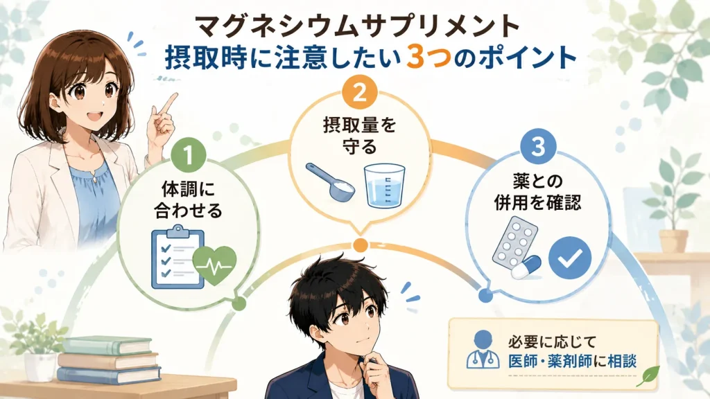 マグネシウムサプリメント摂取時の注意点として、体調に合わせること、摂取量を守ること、薬との併用を確認することを健太と美咲が紹介する画像
