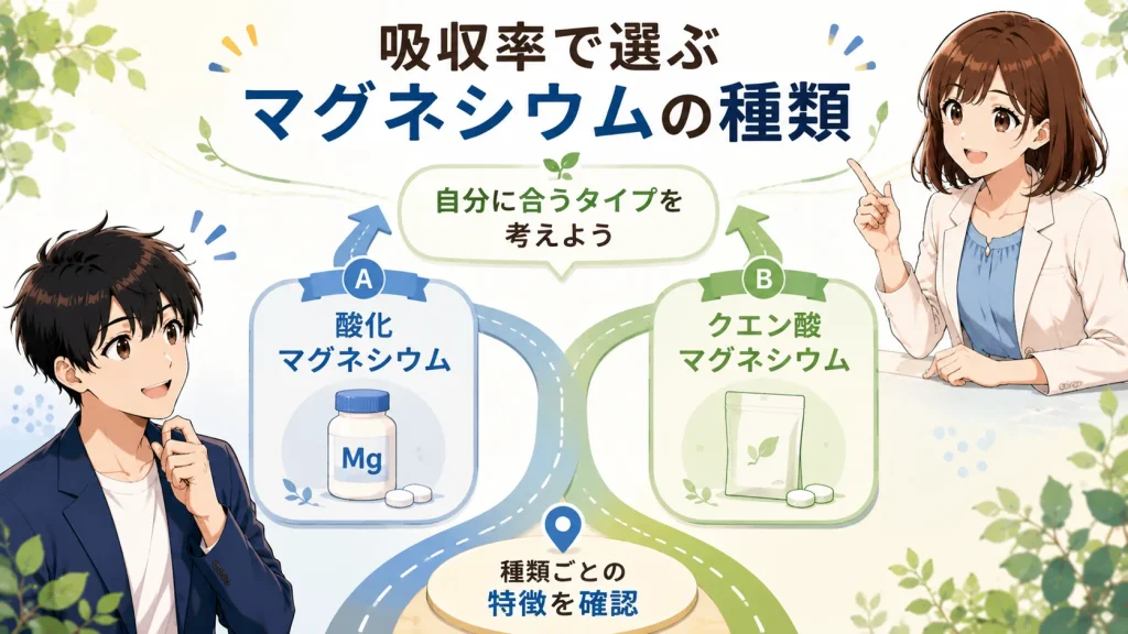 吸収率で選ぶマグネシウムサプリメントの種類として、酸化マグネシウムとクエン酸マグネシウムを健太と美咲が紹介する画像