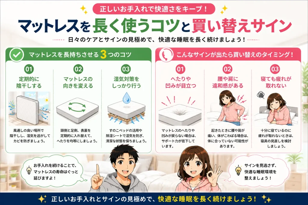 健太と美咲がマットレスを長持ちさせる3つのコツと買い替えサイン3つを紹介し、陰干し・ローテーション・湿気対策やへたり・体の違和感・疲れが取れない症状を解説している画像