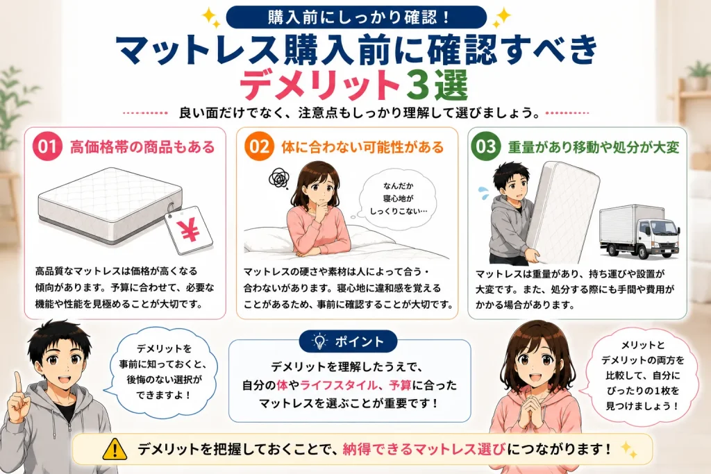 健太と美咲がマットレス購入前に確認すべき3つのデメリットを紹介し、高価格帯の商品もあること、体に合わない可能性があること、重量があり移動や処分が大変なことを解説している画像