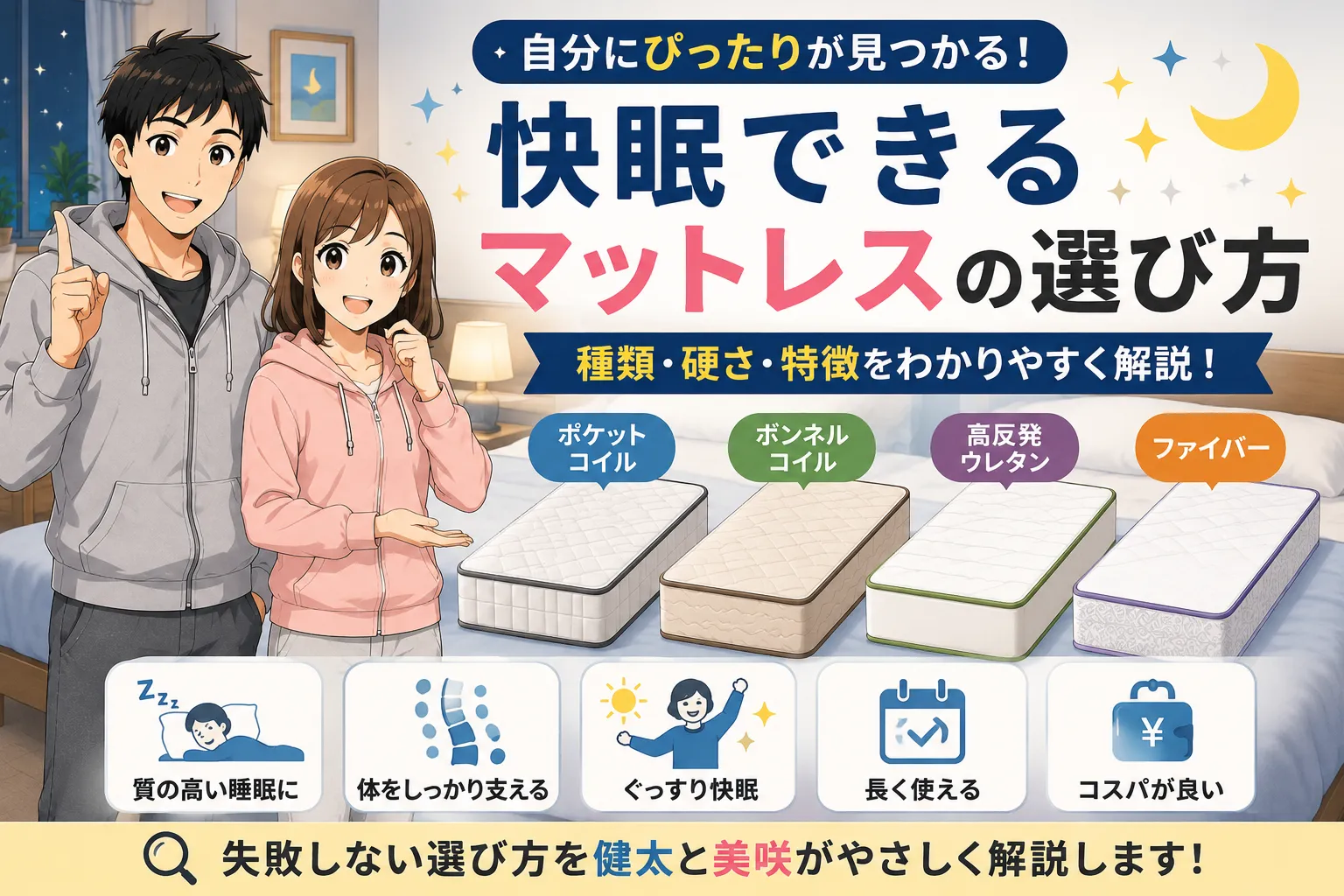 健太と美咲が快眠できるマットレスの選び方を紹介し、ポケットコイル・ボンネルコイル・高反発ウレタン・ファイバーの特徴を解説しているアイキャッチ画像