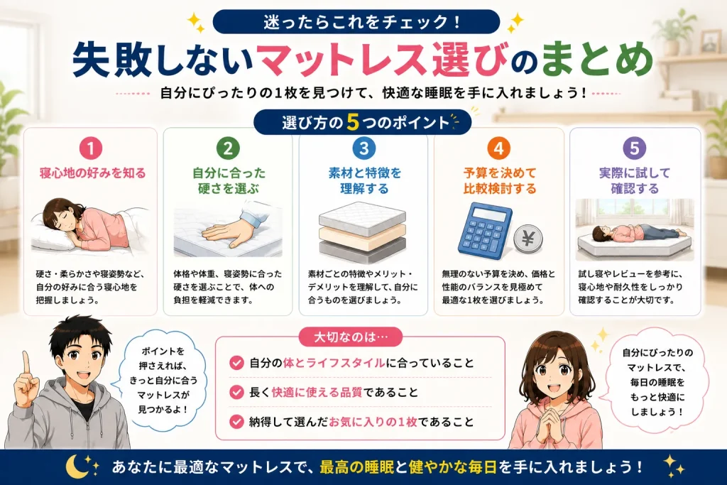 健太と美咲がマットレス選びで大切な5つのポイントをまとめ、自分に合う寝心地・硬さ・素材・予算・試し寝の重要性を紹介しているまとめ画像