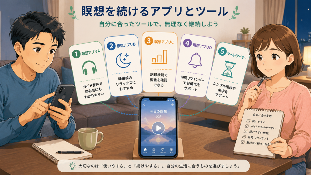 瞑想アプリやタイマーなど継続をサポートするツールの特徴を比較したイラスト