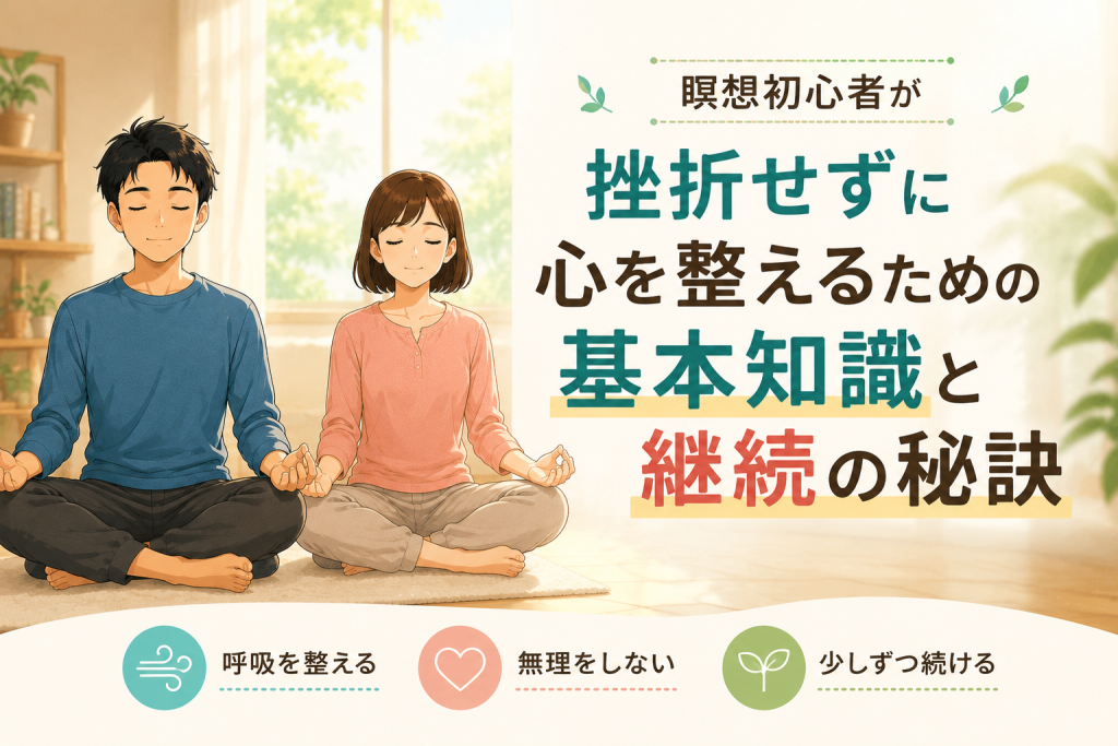 健太と美咲が明るいリビングで瞑想を実践し、瞑想初心者が挫折せずに心を整える基本知識と継続の秘訣を紹介するアイキャッチ画像