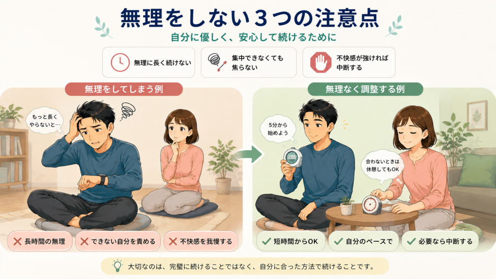 瞑想初心者が無理をしてしまう例と自分のペースで調整する方法を比較したイラスト