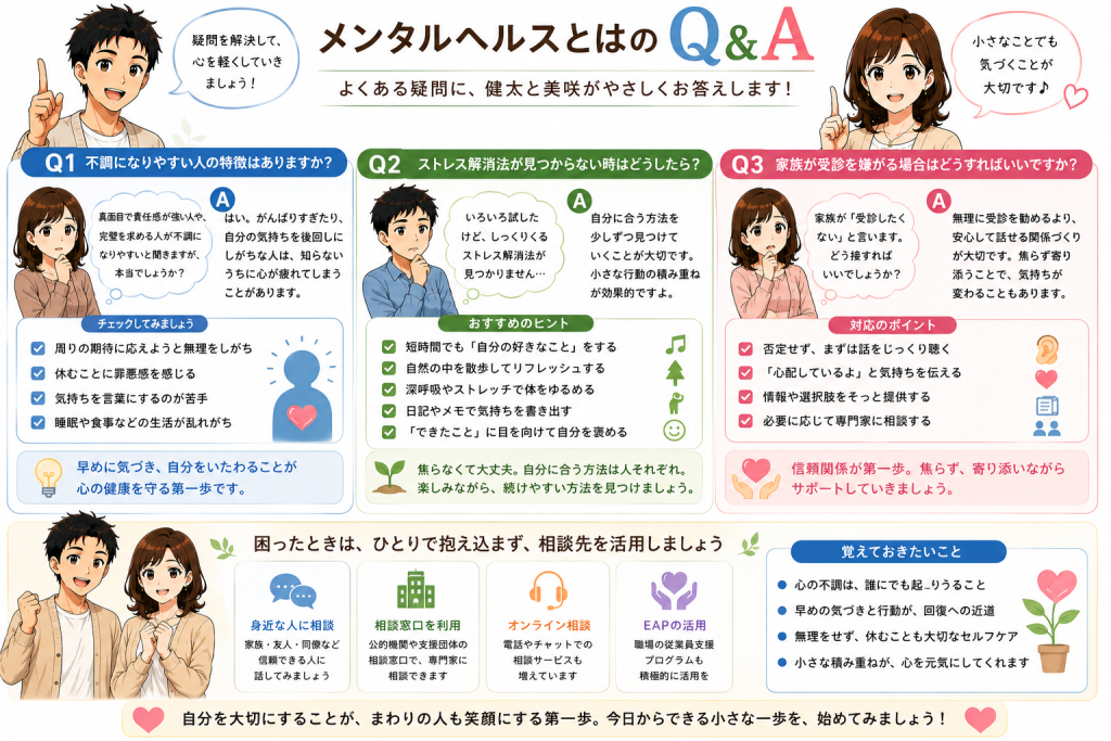 メンタルヘルスに関するよくある質問として、不調になりやすい人の特徴、ストレス解消法、家族への接し方を健太と美咲がQ&A形式で分かりやすく解説しているイラスト