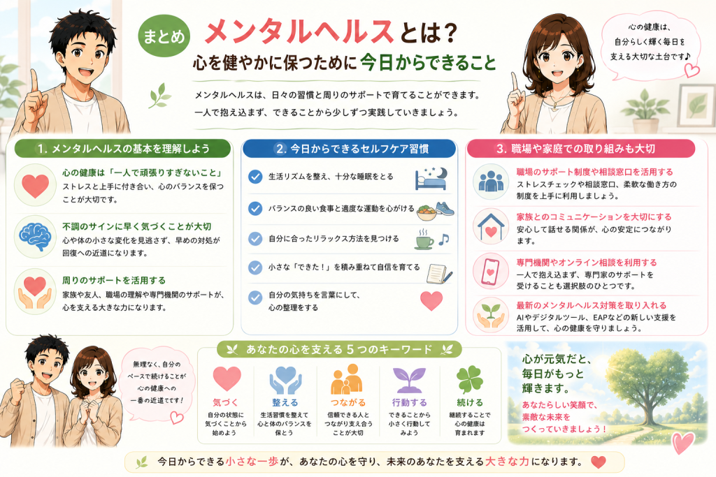 メンタルヘルスを整えるためのポイントとして、セルフケア、生活習慣、周囲のサポート、専門機関の活用を健太と美咲が分かりやすくまとめて紹介しているイラスト