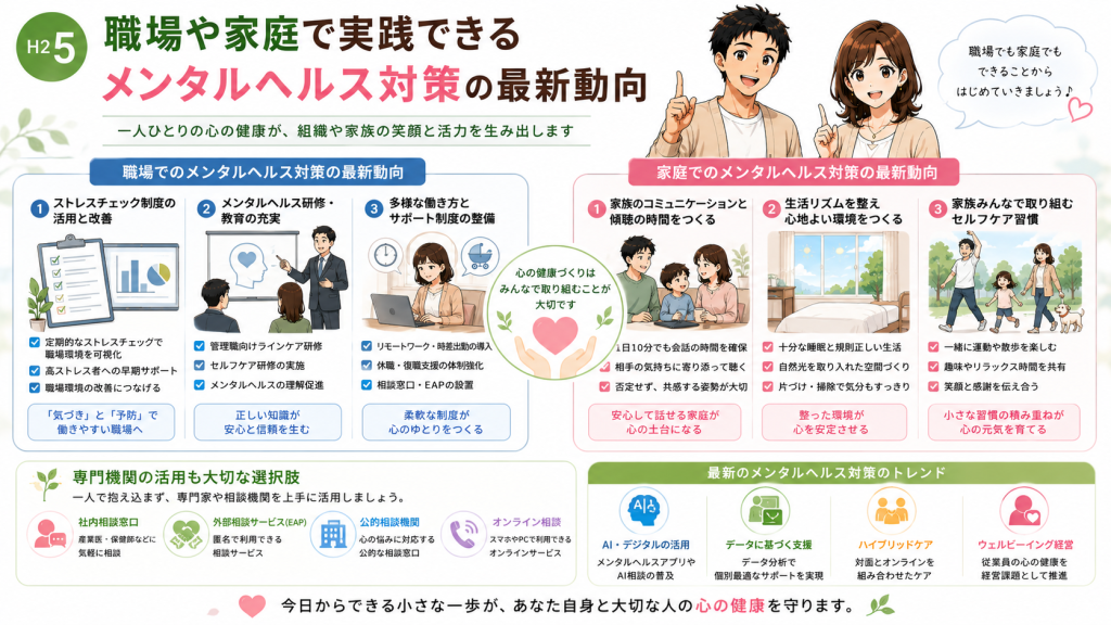 職場と家庭で実践できる最新のメンタルヘルス対策として、ストレスチェック制度、メンタルヘルス研修、家族とのコミュニケーション、生活習慣の改善、専門機関の活用などを健太と美咲が紹介しているイラスト
