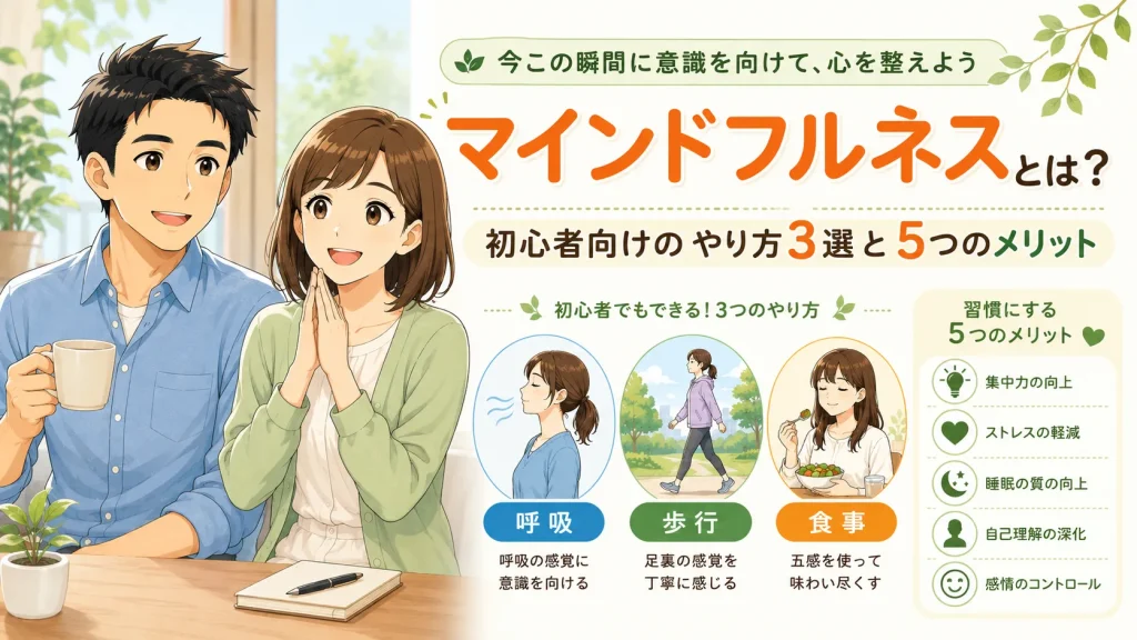 マインドフルネスについて、健太と美咲が初心者向けの3つの実践方法と習慣にする5つのメリットを紹介するイラスト