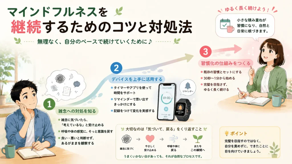 マインドフルネスを継続するためのコツとして、雑念への対処、デバイスの活用、習慣化の仕組みを健太と美咲がロードマップ形式で紹介するイラスト