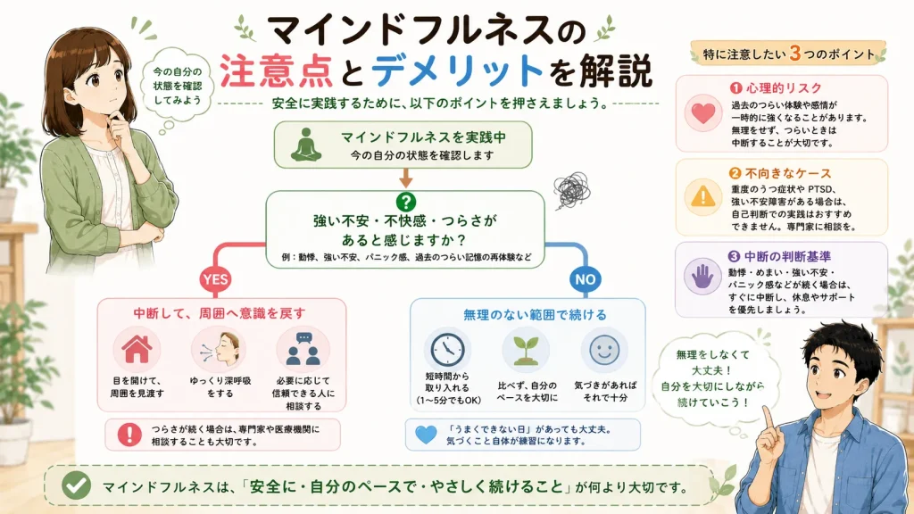 マインドフルネスの注意点とデメリットとして、心理的リスク、不向きなケース、中断の判断基準を健太と美咲が判断フロー形式で紹介するイラスト