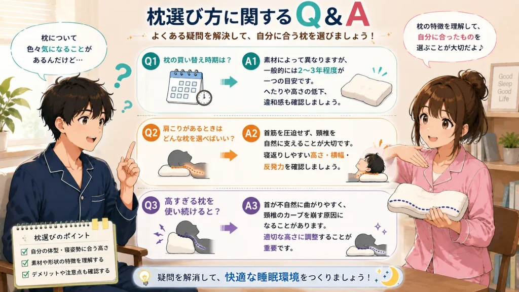 枕の買い替え時期、肩こりが気になる場合の選び方、高すぎる枕への注意について、健太と美咲がQ&A形式で解説するイラスト