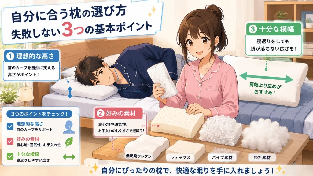 自分に合う枕を選ぶ3つの基本ポイントとして、理想的な高さ、好みの素材、十分な横幅を健太と美咲が紹介するイラスト