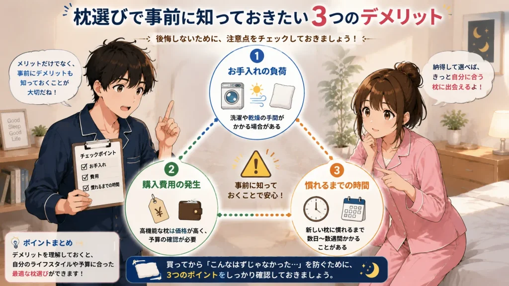 枕選びで事前に知っておきたい3つのデメリットとして、お手入れの負荷、購入費用、慣れるまでの時間を健太と美咲が確認するイラスト