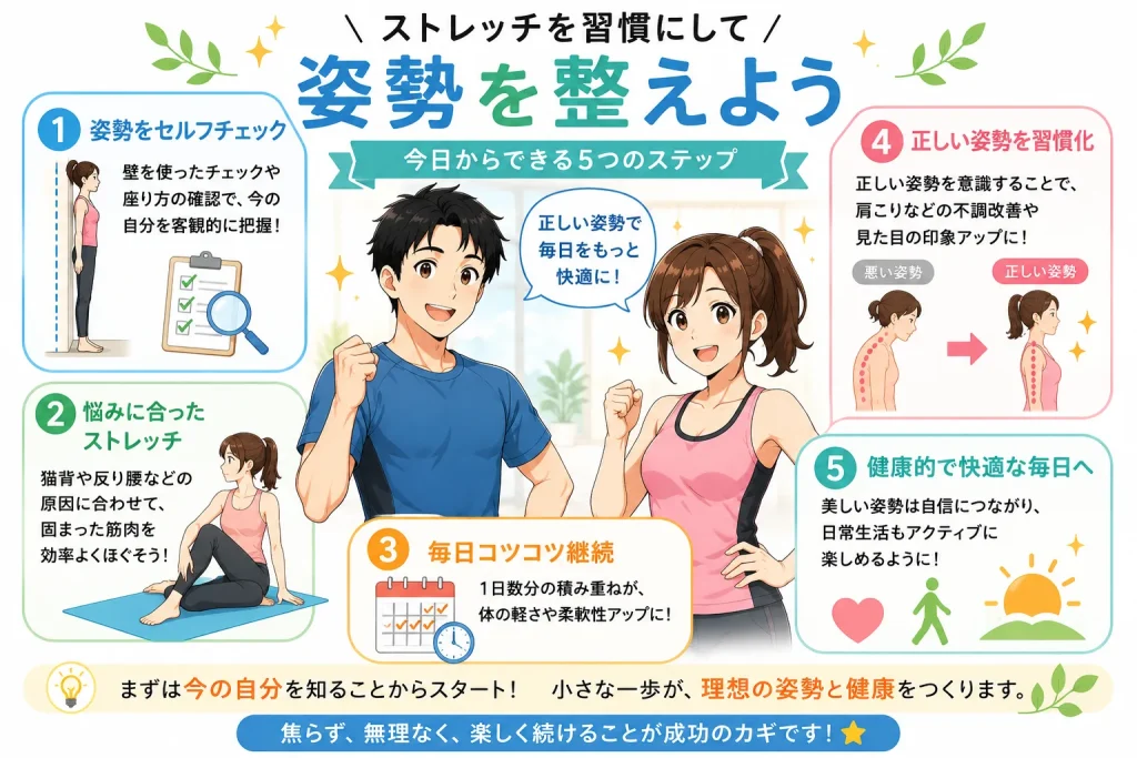 猫背改善の流れを5ステップでまとめた画像。セルフチェック、ストレッチ、姿勢改善、日常生活での意識、継続習慣までを健太と美咲がわかりやすく紹介している。
