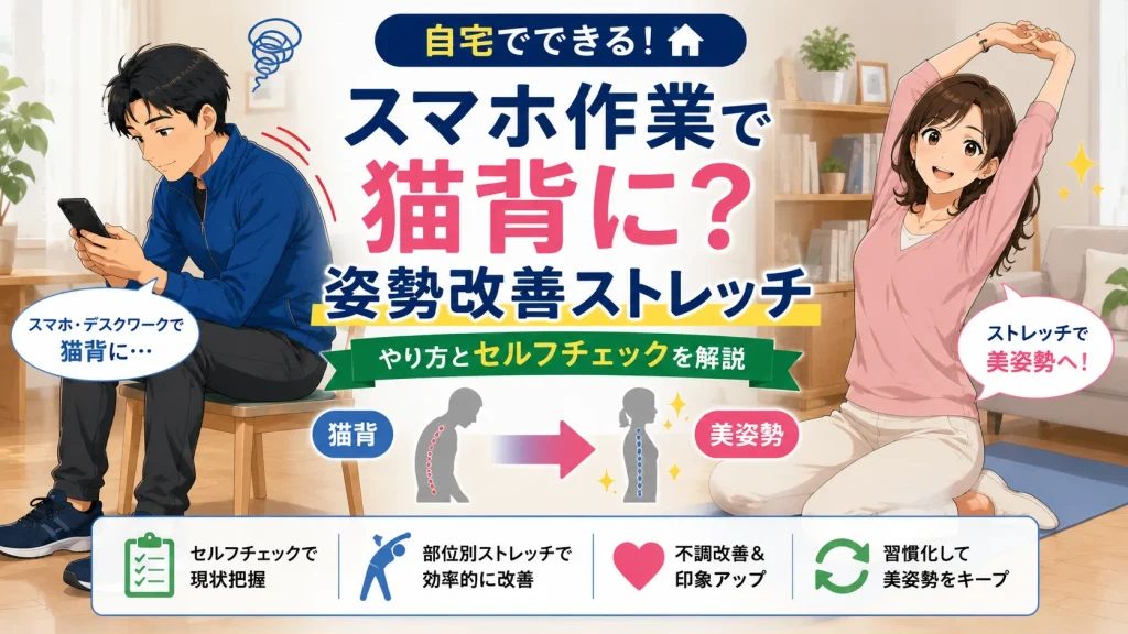 スマホ作業による猫背を改善するための姿勢改善ストレッチとセルフチェックを紹介するアイキャッチ画像。猫背の男性とストレッチを行う女性を比較して、自宅でできる改善方法を解説。
