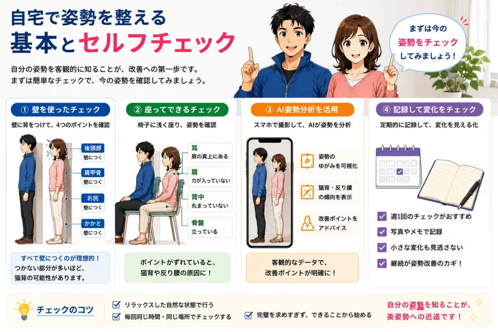壁チェック・座り姿勢チェック・AI姿勢分析・記録による姿勢セルフチェックの方法をまとめた図解