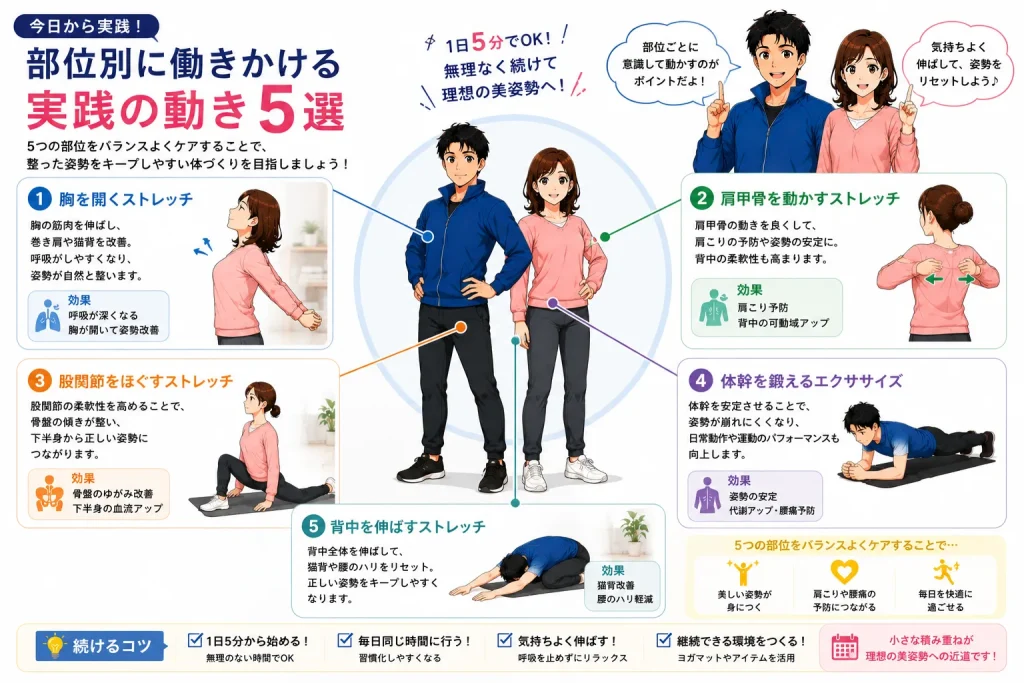 胸・肩甲骨・股関節・体幹・背中に働きかける姿勢改善ストレッチを部位別に紹介した図解
