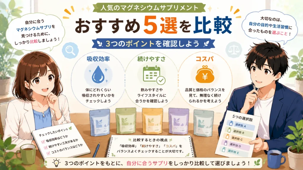 おすすめのマグネシウムサプリメント5選を、吸収効率・続けやすさ・コスパの3つの比較ポイントから健太と美咲が確認する画像