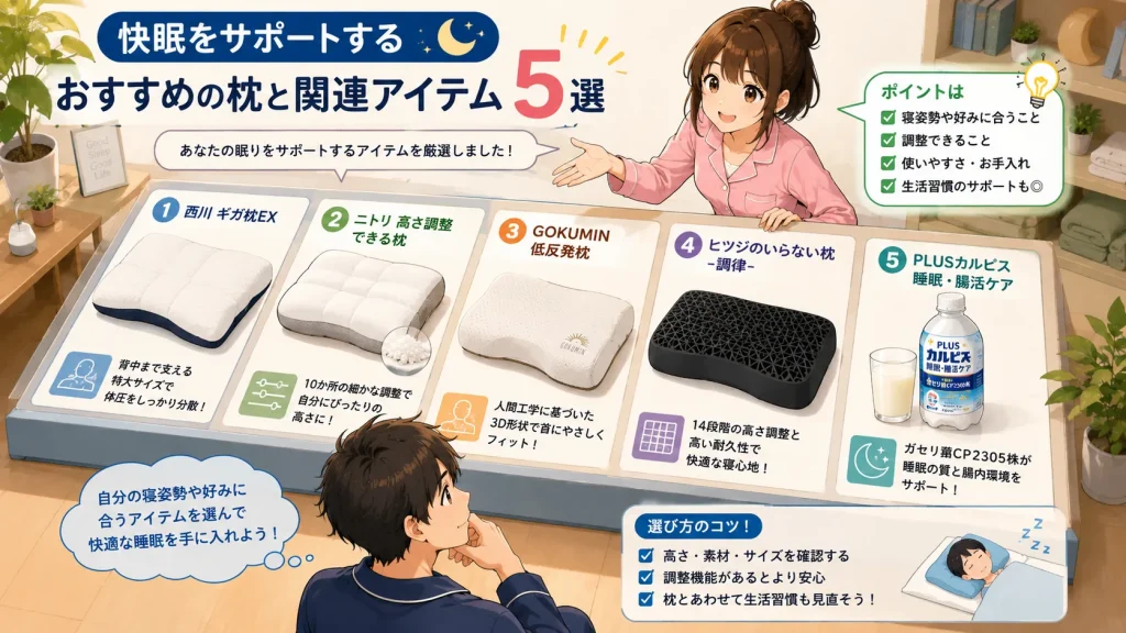 快眠をサポートするおすすめの枕と関連アイテム5選を、健太と美咲が比較しながら紹介するイラスト
