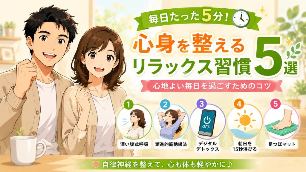 健太と美咲が毎日5分でできるリラックス習慣5選を紹介するアイキャッチ画像