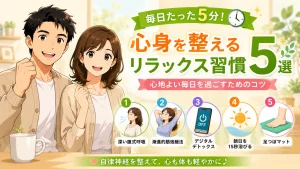 健太と美咲が毎日5分でできるリラックス習慣5選を紹介するアイキャッチ画像