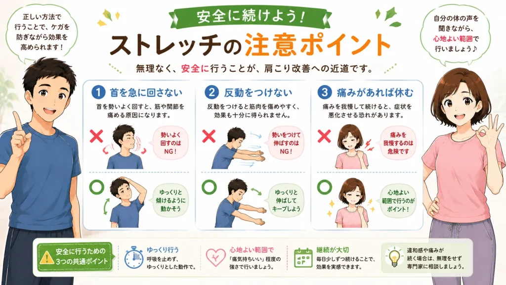 健太と美咲が、肩こりストレッチを安全に行うための3つの注意点（首を急に回さない・反動をつけない・痛みがあれば休む）を〇×付きの図解で説明している16:9のイラスト。