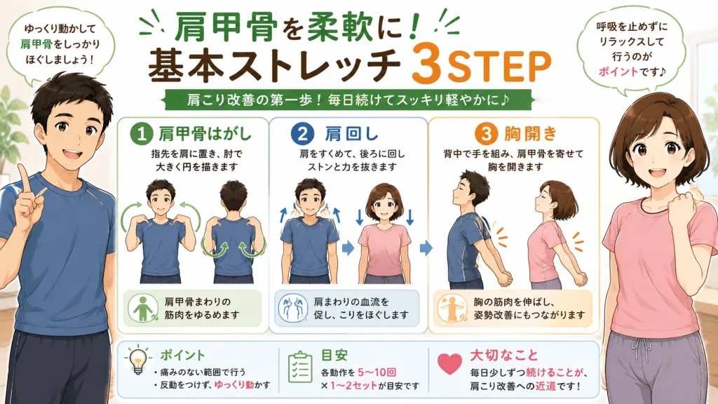 健太と美咲が肩甲骨はがし、肩回し、胸開きの3つの基本ストレッチを順番に実演し、肩甲骨周辺を柔軟にする方法を16:9の図解で紹介しているイラスト。