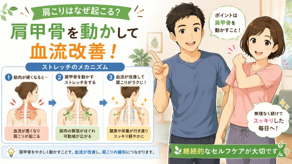 健太と美咲が肩甲骨を動かすストレッチを紹介し、筋肉の緊張から血流改善までの流れを3ステップの図解で説明している16:9のイラスト。
