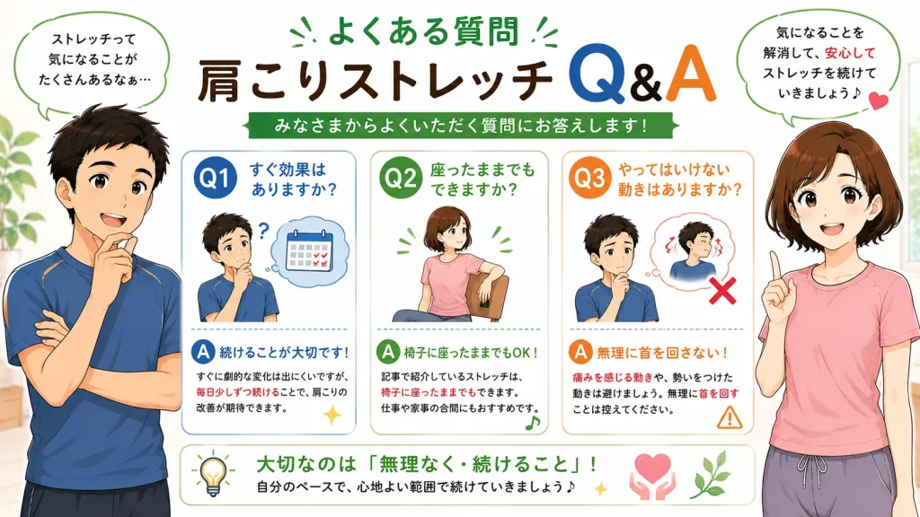 健太と美咲が肩こりストレッチに関するよくある質問（効果が出る時期・座ったままできるか・避けるべき動作）をQ&A形式で分かりやすく解説している16:9のイラスト。
