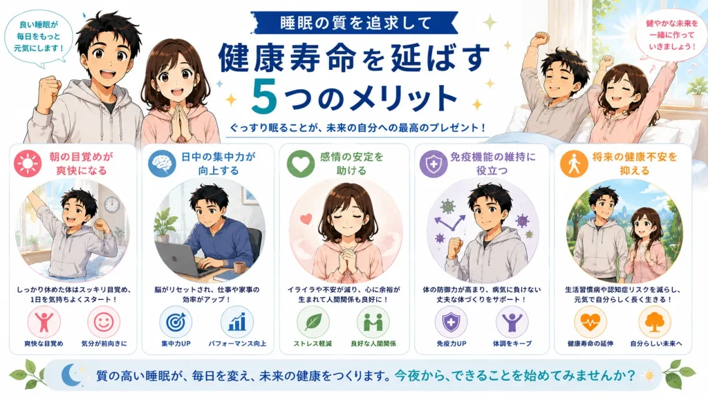 質の高い睡眠によって得られる5つのメリットとして、爽快な目覚め、集中力向上、感情の安定、免疫機能の維持、健康寿命の延伸を健太と美咲が紹介しているイラスト。