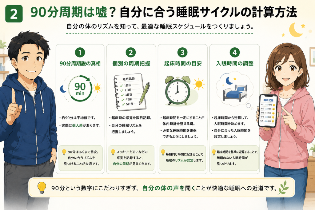 健太と美咲が、90分周期は平均値で個人差があることや、自分に合った睡眠サイクルの見つけ方として、睡眠記録・起床時間の固定・入眠時間の調整を図解で説明しているイラスト。
