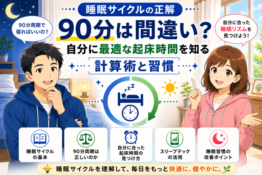 睡眠サイクルの記事全体の要点を、健太と美咲が睡眠サイクル図と4つのポイントを用いて分かりやすくまとめているイラスト